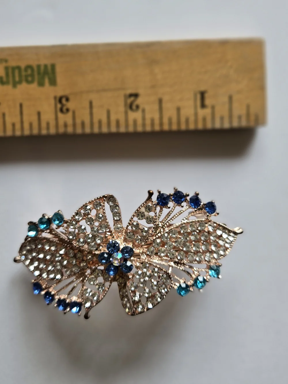 Gold Floral Butterfly Hair Clip with Blue and Clear Crystals